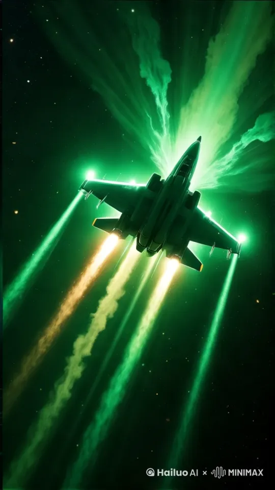 一架喷气式战斗机在夜空中高速飞行，周围有绿色的极光和星光点缀，营造出神秘而壮观的氛围。画面采用动态跟随镜头，视角从下方仰视战斗机，增强了速度感和沉浸感。战斗机尾部喷出明亮的火焰和烟雾，表现出强烈的动感。风格为科幻，结合了未来感和现实军事元素，通过光影和色彩的运用增强了视觉冲击力 by Hailuo AI Video Generator