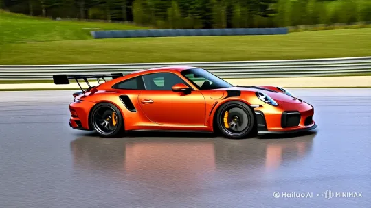 【主体设定】
"保时捷911 GT3 RS跑车，经典熔岩橙涂装，流线型车身泛着金属光泽，碳纤维尾翼微微震动，钛合金四出排气管喷射蓝色火焰"

【赛道环境】
"专业级F1赛道（参考纽伯格林北环），沥青路面反光质感，高速过弯时轮胎摩擦产生白烟，两侧护栏快速模糊后退，背景可见起伏山丘和松树林"

【动态效果】
"真实感3D渲染，8K超清画质，动态模糊处理，镜头带速度线特效，慢动作展示漂移时碎石飞溅，加速时空气扭曲效果，雨水飞溅在车漆特写（可选天气系统）"

【镜头语言】

低角度追踪视角（展现底盘高度与地面距离）
驾驶舱第一视角（转速表红区跳动+换挡拨片特写）
无人机俯拍环绕镜头（展示连续S弯漂移轨迹）
车尾广角镜头（捕捉尾灯在高速下的光轨残影）
【氛围增强】
"阴天赛道的冷色调与车灯暖光对比，地面湿润反光，看台观众动态模糊，大屏幕显示实时圈速，直升机航拍追焦镜头"

【技术参数】
"4K分辨率，60fps帧率，16:9画幅，HDR色彩，建议时长15-25秒"

---进阶技巧---

加入光影变化："黄昏场景，车身反射晚霞渐变光晕"
增加竞速元素："后视镜特写中隐约出现追赶车辆的灯光"
物理细节："展示空气动力学套件在200km/h下的形变"
音效提示："引擎轰鸣声由近及远的多普勒效应变化"
建议分3段生成后剪辑：起步加速段→弯道漂移段→冲线慢动作，最后加入仪表盘数字跳动和checkered flag元素作为收尾镜头。 by Hailuo AI Video Generator