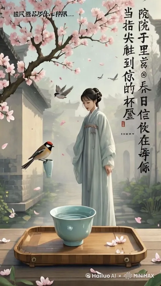 第三个茶盏出现在樱花凋零的清晨。少女蜷缩在褪色的蓝染被褥里,听着燕子用喙轻叩窗棂。越窑青瓷冰裂纹茶托上,凝着夜露的"哀"字正在晨光中消融,像极了墓碑前被雨水冲淡的墨迹。
她伸手去接时,燕子忽然松开爪子。茶盏坠落的瞬间,最后一片樱花恰好掠过腕间,在空中凝成半透明的淡粉色屏障。瓷器碎裂的声响被过滤成细雪簌簌,纷扬的落英却突然加速下坠,每一片都带着冰晶的重量,在她脚边堆出个小小的雪冢 by Hailuo AI Video Generator