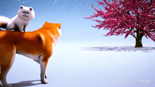 天上飘着雪花，地上白雪皑皑，一颗开着红梅的树旁，白色波斯猫坐在秋田犬身上，大秋田犬慢慢踱步脑袋转向右面，右移左摇 by Hailuo AI Video Generator