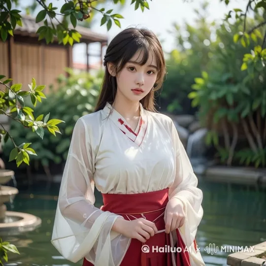 女孩边向前走遍介绍身边发生的事情，微风轻轻吹动她的衣裳和头发，镜头左摇，下移，上摇，女孩微微扭动身体，往左边走去 by Hailuo AI Video Generator