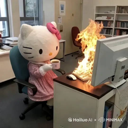 kitty猫喝着咖啡看键盘着火[左移,右摇,跟随] by Hailuo AI Video Generator