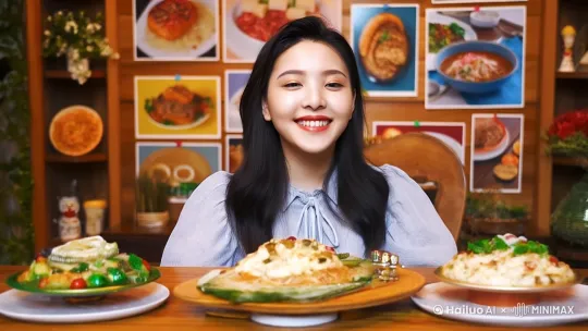 中景 年轻貌美的女主播坐在布置温馨、满是美食元素装饰的房间里，背后的墙上挂着各种美食图片，桌上摆放着几样特色美食。 年轻貌美的女主播：“家人们，你有没有想过，有一种美食，它不仅满足味蕾，还能带来好运？今天，就来测测你的幸运美食是什么！” by Hailuo AI Video Generator