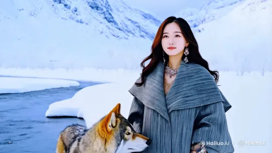 一位穿着冬季服装的女性与一只狼并肩站立在雪地中的场景。背景是雪山和河流，整个画面充满了冬日的寒冷气息。女性佩戴着复杂的耳环和项链，显得非常独特和精致。狼的表情平静，看起来非常温顺，与女性形成了和谐的对比。镜头固定 by Hailuo AI Video Generator