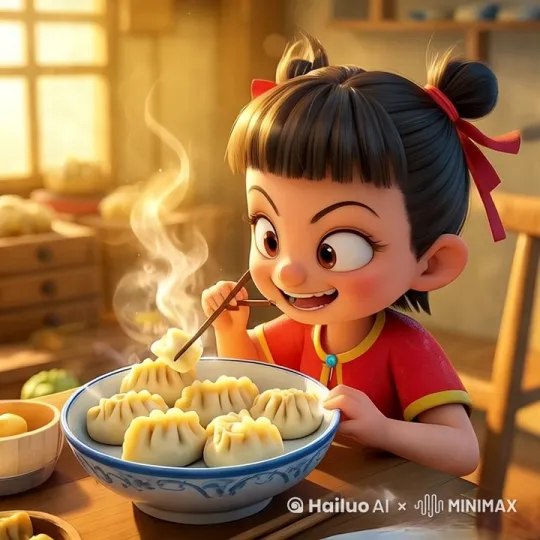[右移,左摇,推进]很开心吃饺子 by Hailuo AI Video Generator