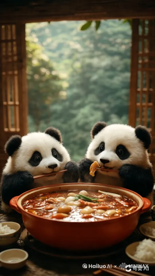看见火锅正在沸腾的煮着，而熊猫也开心的吃着，好不惬意 by Hailuo AI Video Generator
