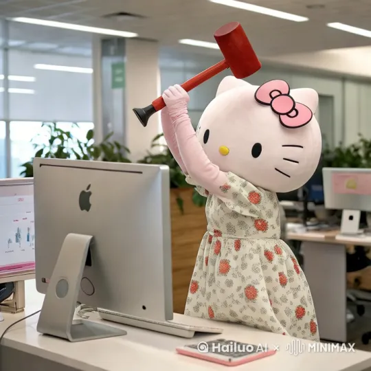 Hello Kitty 双手高举红色橡胶锤砸向台式电脑（屏幕呈蛛网状碎裂，键盘按键飞溅，电脑破碎花），（反向提示：低分辨率、畸形、血腥、塑料感、比例失调） by Hailuo AI Video Generator