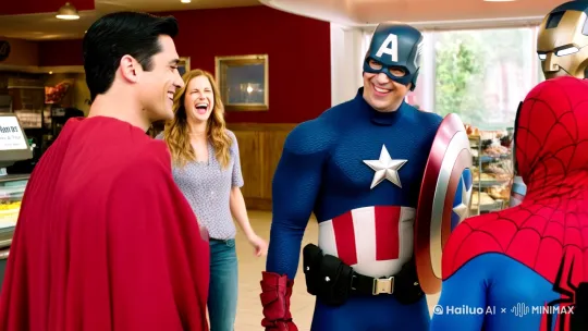 角色描述
 
"Superman in classic blue suit with red cape and S emblem, Spider-Man in MCU's red and blue suit with web pattern, Captain America in Avengers-era tactical uniform with shield on back, Iron Man in Mark 85 armor with helmet retracted, all characters in accurate movie-accurate designs"
 
"超人穿着经典蓝色战衣配红色披风和S标志，蜘蛛侠身着MCU红蓝相间的蛛网战衣，美国队长穿着《复仇者联盟》时期的战术制服，背着盾牌，钢铁侠身着Mark 85战甲，面罩打开，所有角色均采用精准的电影级设计"
 
动作细节
 
"Medium group shot: Superman and Spider-Man high-fiving with joyful expressions, Captain America laughing, Iron Man holding a stack of cash with confident pose, cashier looking amazed in background"
 
"中景群像镜头：超人和蜘蛛侠开心地击掌，美国队长大笑，钢铁侠自信地拿着一叠现金，背景中收银员露出惊讶的表情"
 
情绪氛围
 
"Lighthearted and comedic atmosphere, superheroes enjoying the moment, sense of camaraderie and friendship, warm and inviting tone"
 
"轻松愉快的喜剧氛围，超级英雄们享受当下时刻，充满友情与团结感，温暖而令人愉悦的基调"
 
技术参数
 
"4K resolution, 24fps cinematic motion blur, hyper-realistic textures, dynamic lighting with soft shadows, shallow depth of field, Marvel/DC crossover color grading"
 
"4K分辨率，24帧电影级动态模糊，超真实材质细节，动态光影配合柔和阴影，浅景深效果，漫威/DC跨界风格调色" by Hailuo AI Video Generator