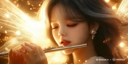 长着翅膀的仙女，在梦幻环境中，吹奏笛子，清风吹动她的长发，环境中的光点也在微微游动[右移,左摇,跟随] by Hailuo AI Video Generator