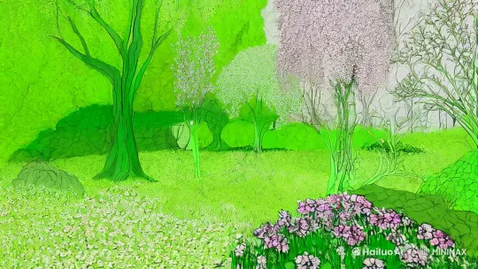 可以参考彩色铅笔画的画风，线条简单唯美，偶然在森林深处发现一只漂亮的独角兽，它的鹿角上盛开着鲜花，它慢慢抬头看我，输出一段5s的视频[左移,推进,右摇] by Hailuo AI Video Generator