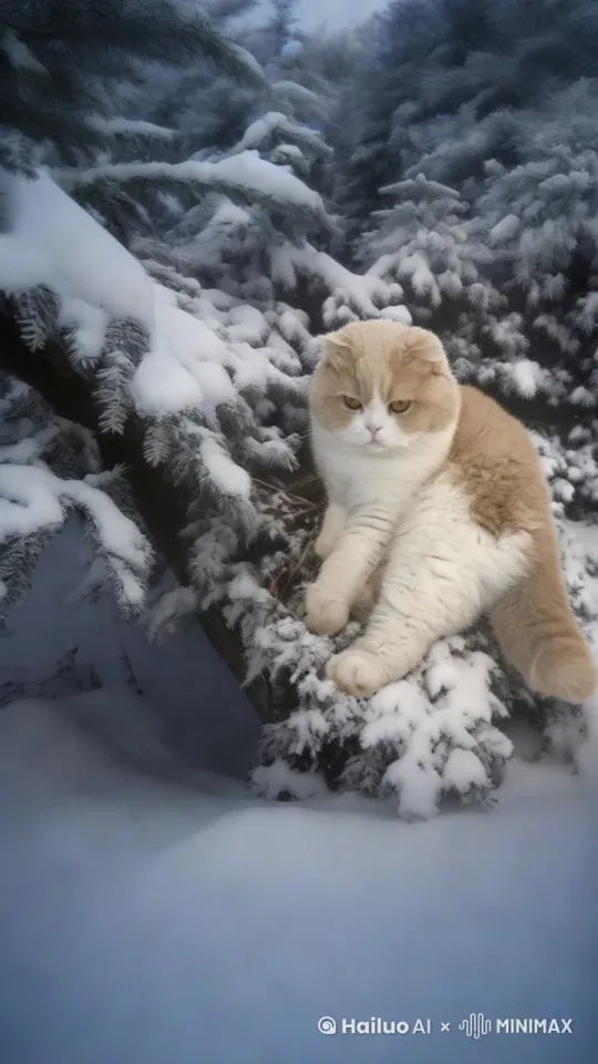 猫从树上下来，走在雪地里，镜头跟随猫，拉近特写猫的胡须 by Hailuo AI Video Generator