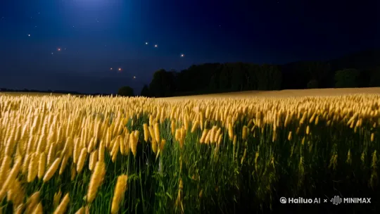 地点：乡间田野，夜晚明月当空，稻穗随风飘摇。萤火虫点点若隐若现 by Hailuo AI Video Generator