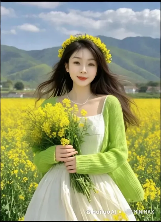 环绕运镜，风吹起头发，吹动花朵，面带微笑 by Hailuo AI Video Generator