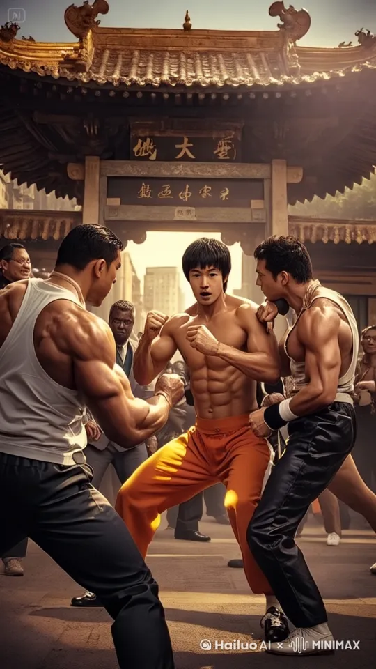 激烈打斗，后空翻打斗，转圈旋风腿，成龙醉拳，李小龙快拳快腿，群打，板凳满天飞，怒吼，目露凶光，斗鸡眼，我打，我打打打打打打打打打打我打，后空翻前横宽转圈圈红腿，脸上有伤，身上有伤，口角流血1，黑虎掏心灵，蛇出洞快速打先锋腿，打打打拳打脚踢 by Hailuo AI Video Generator