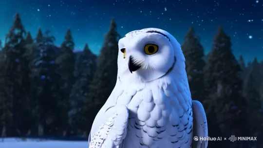 A majestic snowy owl with pristine white feathers and piercing golden eyes, head slightly tilted in curiosity, slowly walking towards the camera with gentle, deliberate steps. Soft moonlight illuminates its detailed feather textures as it glances left and right, blinking occasionally. The background is a serene snowy forest under a starry night sky (22:49), with faint snowflakes drifting in the air. Cinematic depth of field, 8K ultra-realistic rendering, subtle motion blur on wing edges, and lifelike breathing movements. Style: Hyper-detailed wildlife animation, Studio Ghibli-inspired soft glow. by Hailuo AI Video Generator
