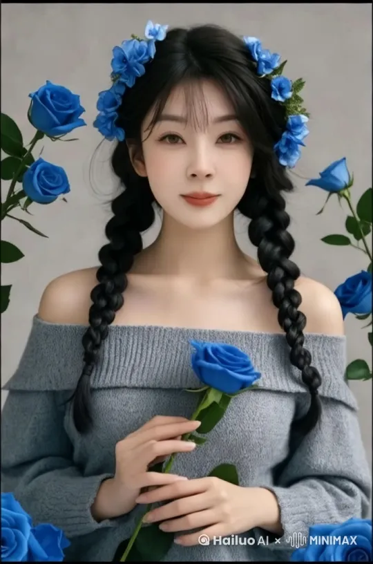 面带微笑，把花举到鼻子部位 by Hailuo AI Video Generator