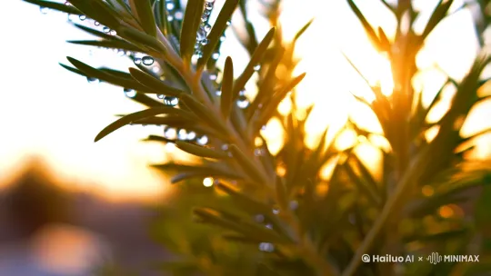 Close-up rosemary plant, dew drops, golden sunlight, hyper-detailed texture, soft bokeh, natural aesthetic.[推进,上升] by Hailuo AI Video Generator