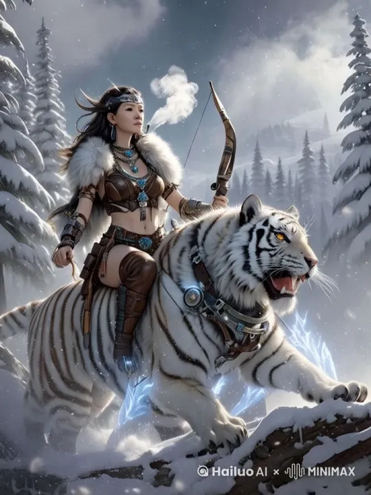 【场景描述】
Epic 3D rendering, snow-covered valley, heavy snowfall, ancient pine forest, towering snow mountains in background, misty atmosphere, golden winter sunlight with soft diffused glow, frost-covered rocks, dynamic wind effects blowing snowflakes diagonally
【角色描述】
Warrior princess riding a photorealistic white tiger:1.3, intricate tribal costume with leather and feather details, fur-lined cloak (earth tones: #8B4513,#CD853F), obsidian arrow quiver, braided hair with bone ornaments, glowing tribal tattoos on face, confident gaze, dynamic riding pose
【特效与风格】
Cinematic 8K resolution, Unreal Engine 5 rendering, hyper-detailed fur simulation (tiger), realistic snow particle system, motion blur on falling snowflakes, depth of field transitioning from soft to sharp, volumetric light rays piercing through blizzard, cold color palette (#4169E1,#87CEEB) with warm accents (#DEB887)
【镜头与构图】
Tracking shot from wide establishing view to medium close-up, low camera angle emphasizing tiger's power, spiral snow vortex around characters, foreground snowdrifts framing the shot, diagonal composition creating dynamic tension, cinematic 21:9 aspect ratio by Hailuo AI Video Generator
