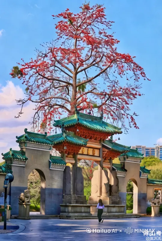 白玉石雕花牌坊，木棉树掩映青砖拱门，木棉花轻轻坠落地面，四周都蔓延出木棉花瓣 by Hailuo AI Video Generator