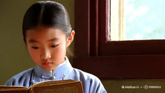 一个中国古装女孩子低头认真看着书，窗外突然一声鸟鸣，她慢慢的抬头，露出会心的笑容 by Hailuo AI Video Generator
