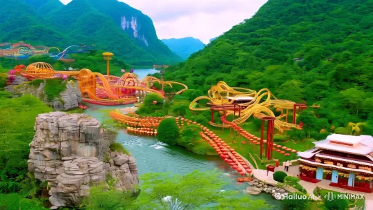 制作一套宣传瑶琳镇文旅特色的视频，内容主要包含瑶琳仙境、垂云通天河、红灯笼度假区、天目溪漂流、琴溪香谷、红石湾、国家森林公园、桐庐马术中心在内等一系列旅游景点。 by Hailuo AI Video Generator