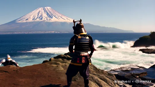 一名身穿铠甲的日本武士，在海边遭遇一名西洋武士，两人开始战斗，背景是富士山。 by Hailuo AI Video Generator