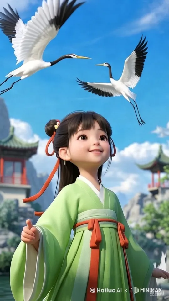 视频开头是一个静态镜头，一个身穿绿色汉服的小女孩站在水边。她的汉服颜色鲜艳，绿色为主色调，配有橙色的腰带和发带，显得格外清新可爱。她的发型是典型的古代少女发型，发髻上点缀着几朵小花，显得格外精致。她的目光注视着天空，脸上带着淡淡的笑容。
随着镜头的推进，画面中出现两只仙鹤，它们在空中优雅地飞舞，翅膀展开，姿态优美。仙鹤的羽毛洁白，黑色的尾羽和翅膀尖部形成了鲜明的对比。它们在空中盘旋，似乎在与小女孩互动。
背景是一片蓝天白云，远处可以看到几座中式建筑，建筑的屋顶是典型的飞檐翘角，红色的柱子和绿色的屋顶相映成趣。这些建筑坐落在山水之间，给人一种宁静和谐美的感觉。水面倒映着天空和建筑，波光粼粼，增添了几分灵动。
镜头继续推进，仙鹤飞得更近了一些，几乎要飞到小女孩的头顶。小女孩伸出手臂，仿佛要触摸到仙鹤。她的表情变得更加生动，眼睛闪烁着兴奋的光芒。
整个视频的色彩搭配非常和谐，绿色的汉服、白色的仙鹤、蓝色的天空和红色的建筑相互映衬，构成了一幅美丽的画卷。镜头运动流畅，自然地引导观众的视线，从小女孩到仙鹤，再到背景的建筑和水景，每一个细节都充满了诗意。
视频的最后定格在小女孩和仙鹤互动的瞬间，画面充满了童话般的梦幻色彩，仿佛时间在这一刻静止。整个视频给人一种宁静、美好和充满希望的感觉，让人不由得沉浸在这美丽的画面中。 by Hailuo AI Video Generator