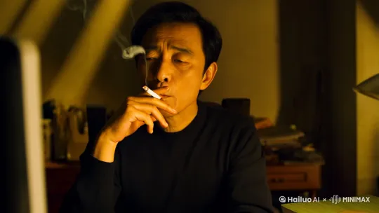 中景镜头，一个坐在电脑前的亚洲中年男性，一遍抽着烟一边挠头，突然屋顶漏水，神色苦恼，镜头轻轻后拉。 by Hailuo AI Video Generator