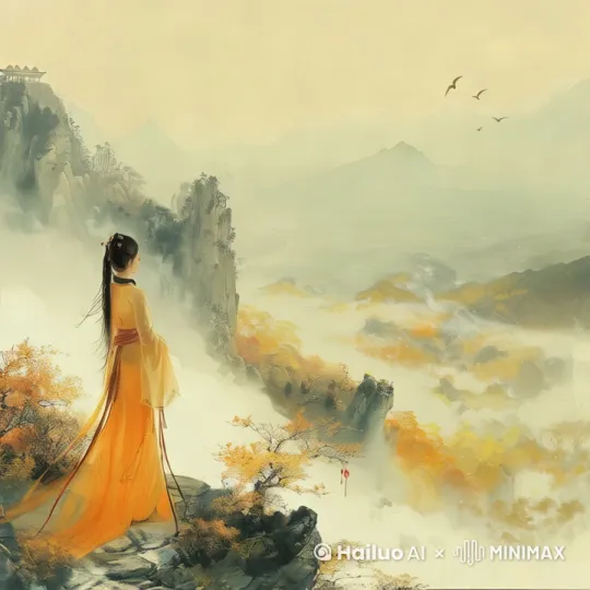 微风吹过，图中人物角色的裙子微微摆动，右上角的鸟缓缓飞过 by Hailuo AI Video Generator