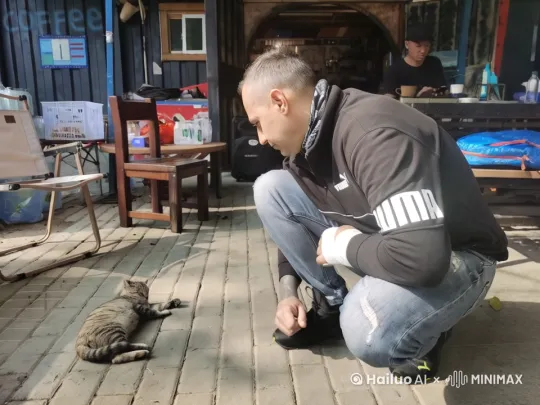 一个英俊的外国男人在和一只猫咪玩耍，露营地的天空很蓝，阳光洒在他英俊的脸上，他穿着一件短袖衬衫，两只胳膊布满纹身 by Hailuo AI Video Generator