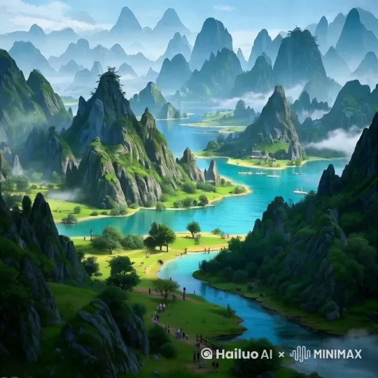 俯视全景镜头，云雾缭绕，逐渐推进到主体山峰 by Hailuo AI Video Generator
