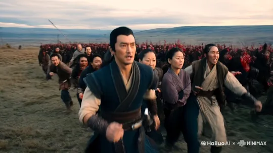 第十三章：绝境逆袭
 
赵峰带着百姓和队员们拼命往军营方向跑，身后蛮夷的喊杀声越来越近。此时，天空中投石车发射的巨石不断在蛮夷队伍中炸开，暂时延缓了他们的追击速度。
 
但蛮夷很快调整过来，不顾巨石的威胁，继续疯狂追赶。赵峰回头望去，见蛮夷骑兵已经近在咫尺，心中焦急万分。
 
“大家再坚持一下，军营就在前面！”赵峰大声呼喊，鼓舞着众人的士气。然而，百姓们体力不支，奔跑速度逐渐慢了下来。
 
就在这千钧一发之际，赵峰看到路旁有一处陡峭的山坡。他灵机一动，喊道：“兄弟们，把百姓带到山坡上，利用地形抵抗！”
 
众人迅速按照赵峰的指示行动，将百姓转移到山坡上。蛮夷骑兵追到山坡下，由于地形陡峭，无法直接冲上来，只能下马徒步进攻。
 
赵峰指挥队员们用事先准备好的石块和树枝，朝着蛮夷砸去。一时间，石块如雨点般落下，砸得蛮夷士兵惨叫连连。但蛮夷人数众多，他们不顾伤亡，继续向上攀爬。
 
一名队员在战斗中不幸被蛮夷射中，倒在赵峰身旁。赵峰悲愤交加，他拿起弓箭，瞄准一名蛮夷将领，一箭射出，正中其咽喉。那将领惨叫一声，从山坡上滚落下去。
 
“杀！为死去的兄弟报仇！”队员们士气大振，更加奋力地抵抗。然而，蛮夷的攻势越来越猛，赵峰等人渐渐陷入绝境。
 
就在这时，后方传来一阵嘹亮的号角声。赵峰心中一喜，回头望去，只见陈将军亲自带领一队骑兵从军营杀出，如一把利刃般插入蛮夷后方。
 
蛮夷腹背受敌，顿时大乱。赵峰看准时机，大喊：“兄弟们，反击的时候到了，冲啊！”他带领队员们和百姓一起，从山坡上冲下，与陈将军的骑兵前后夹击蛮夷。
 
在大乾军队的勇猛攻击下，蛮夷终于抵挡不住，纷纷溃败逃窜。战场上横七竖八地躺着蛮夷的尸体，赵峰等人成功击退了蛮夷，赢得了这场险象环生的战斗。
 
经此一役，赵峰再次展现出非凡的勇气和智慧，他在军中的威望进一步提升。而大乾军营也在这场危机中，更加坚定了保卫边疆、抵御蛮夷的决心。 by Hailuo AI Video Generator