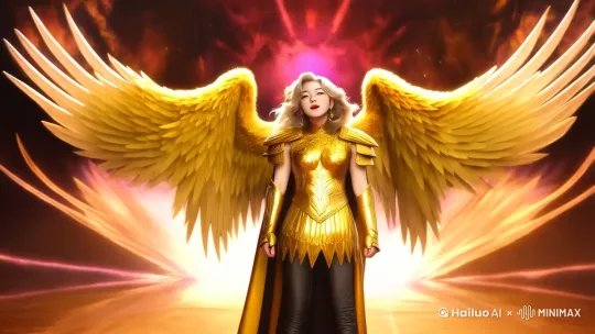 This is a 5-second video clip showing a stage performance with camera movement and subject motion. The central figure is dressed in golden armor, with wings behind her, standing on a brightly lit stage. She appears to be singing or performing, with the background featuring dynamic lighting effects that enhance the grandeur of the scene.
<|observation|>
by Hailuo AI Video Generator