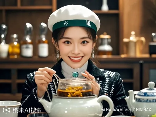 玻璃透明茶壶冒着热气，透明玻璃高筒杯子里黄色透明养生茶，晶莹剔透。桌面上的洛神花，菊花瓣被风轻轻吹动。 by Hailuo AI Video Generator