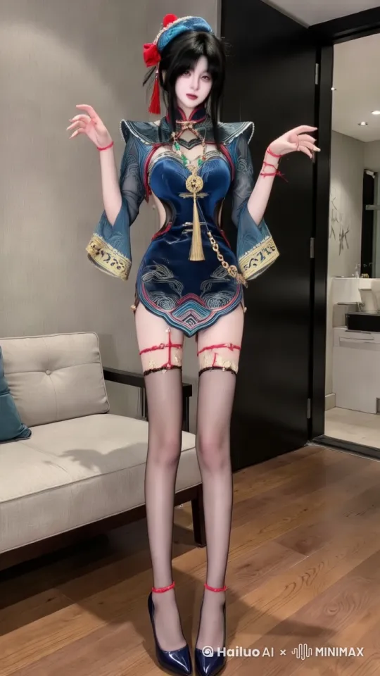 [跟随]大师运镜，[左移,右摇,跟随]先左扭胯，[右移,左摇,跟随]后右扭胯，左右扭胯，甜美的看着镜头 by Hailuo AI Video Generator