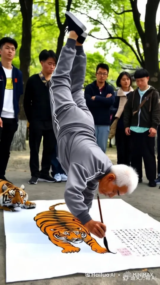 在这段视频中，一位老道士正在公园里展示他的书法技艺。他穿着黑色的运动服，头发花白，显得非常精神。在一张铺在地上的大黄纸上书画着符咒。他的姿势非常独特，是倒立画的，脚朝天，头朝地，一指手按在黄纸上，一只手拿着毛笔，手用力一按，弹跳升空，空中旋转翻滚，又单手落地，继续画符，显示出他不仅有深厚的书法功底，还有很好的身体平衡能力。

周围有许多人在观看他的表演，他们站在一旁，有的双手交叉放在胸前，有的双手插兜，都显得非常专注。背景是一片绿树成荫的公园，阳光透过树叶洒在地上，给整个场景增添了一种宁静而和谐的氛围。

这位老人的书法作品已经完成了一部分，可以看到一些符文已经被写在了黄纸上。他的动作流畅而有力，每一个字都写得非常漂亮，吸引了周围观众的目光。整个画面充满了艺术气息和文化魅力，展现了中国传统文化的魅力。[推出,上升,下摇] by Hailuo AI Video Generator
