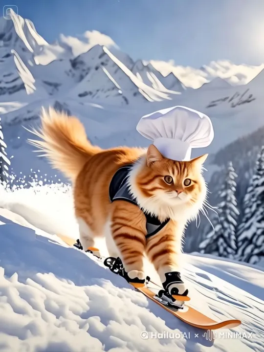 头戴厨师帽的橘猫踩着滑雪单板，从山坡上快速滑下 by Hailuo AI Video Generator