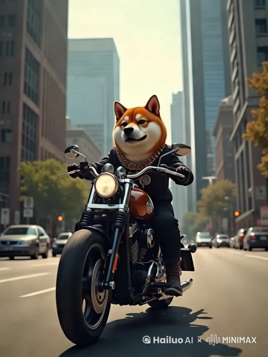 **"Create a dynamic 15-second, 1080p video animation of a Shiba Inu riding a classic cruiser motorcycle through a busy city street. The Shiba Inu is wearing a black outfit, a thick gold chain, and sunglasses. The motorcycle is primarily black and brown with the headlight on, casting a glow on the road.

Animation Details:

Camera Movement:
Opening Shot: Start with a wide shot of the city street, then smoothly zoom in to focus on the Shiba Inu riding the motorcycle. Use a dolly-in effect to create a sense of approaching the subject.
Mid Shot: Transition to a mid-shot, following the motorcycle from a slight side angle. Use a steady-cam effect to mimic a camera person walking or riding alongside the motorcycle.
Close-up: Occasionally cut to close-ups of the Shiba Inu's face, showing its confident expression and the reflection of the city in its sunglasses. Use a quick pan to add energy.
Overhead Shot: For a few seconds, switch to an overhead shot to show the motorcycle's path and the surrounding traffic. Use a bird's-eye view to give a sense of the city's scale.
Ending Shot: End with a pull-back shot, showing the motorcycle riding into the distance, with the cityscape in the background.
Movement:
The Shiba Inu and motorcycle move smoothly, with the bike leaning into turns. The Shiba Inu's body moves naturally with the motion of the bike.
Add subtle vibration effects to simulate the movement of the motorcycle.
Background:
The cityscape scrolls by with tall buildings, traffic lights, and other vehicles. The road is busy with cars and buses.
Use parallax scrolling to create depth, with foreground elements (like trees and street signs) moving faster than background elements.
Lighting:
Sunlight casts realistic shadows, and the motorcycle's headlight illuminates the path ahead.
Add lens flares and glare effects to simulate the bright sunlight.
Effects:
Add wind effects in the Shiba Inu's fur and the motorcycle's exhaust.
The gold chain should glint in the sunlight, with occ by Hailuo AI Video Generator