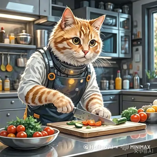让图中的拟人大橘猫开始一刀一刀的切菜更加真实 by Hailuo AI Video Generator