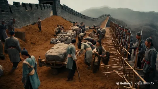再现古老的齐长城建造场景,有士兵官员看守,劳工有的用推车推石头,有的扛石头,有的用木头搭建架子,有的一起在长城上面夯土等,齐王站在修好的长城上面巡视,举手指向远方,后面的官员随从跟在后面,场景浩大,镜头从下面的劳工建造场景摇到上面的齐王巡视的场景。 by Hailuo AI Video Generator