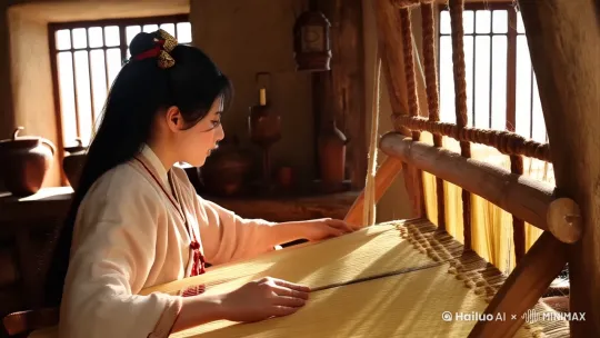 侧面视角，近景镜头，画面中的女孩是一位古代女孩，正坐在织布机前，专注的操作着织布机，背景是在古代的一所房子里，温暖的光照效果。镜头缓缓推进 by Hailuo AI Video Generator