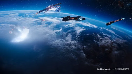 地球外的星空，联盟守护者和地球卫士，共同抵抗宇宙侵略种族的入侵，空中各种高科技武器相互抵抗，相互打击，激战场面太恐怖。 by Hailuo AI Video Generator