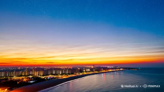 [左移,右摇,跟随]
"Generate a 30-second cinematic video of a grand fireworks display over Qingdao's seaside at night, 8K resolution, ultra-realistic details, trending on artstation. The scene includes iconic landmarks (May Fourth Square/ Zhanqiao Pier), vibrant reflections on the ocean waves, crowds cheering with smartphones recording, slow-motion explosions with golden sparks and purple trails."


Opening shot: Wide-angle drone view of Qingdao coastline at dusk, city lights twinkling, camera tilting up to starry sky

Transition: First firework explosion in center frame with glowing light trails (red/gold color scheme)

Close-up: Silhouette of lighthouse with fireworks bursting behind it, backlighting effect

Dynamic shot: Low-angle tracking of fireworks reflecting in wet beach sand

Finale sequence: 10-second multi-layer fireworks with Chinese character patterns ('青岛' in the sky), camera dollying back through crowd reactions"

[Hyperrealistic lighting] + [Cinematic color grading] + [HDR effects] + [Atmospheric perspective] + [Motion blur on falling sparks] + [Lens flare from city lights] by Hailuo AI Video Generator