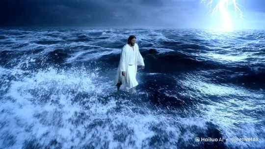 Jesus walks calmly across the storm-tossed sea, his white robe glowing in the darkness as lightning splits the sky. The fierce waves crash around him, yet he moves with serene authority, unaffected by the chaos. His face is peaceful and resolute as he speaks to his disciples in the boat, reassuring them amidst their fear. The disciples, silhouetted in the boat, gaze at him in awe, some kneeling, others with eyes wide in disbelief. The night is filled with tension, divine power, and the clash of nature’s fury. Captured in a dramatic wide-angle shot, hyper-realistic, photo realism, cinematography. by Hailuo AI Video Generator