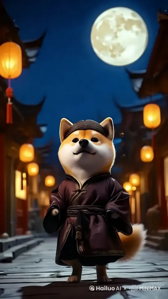 夜间霓虹和煦，古风浓郁的街道上，“一只穿着传统服饰的柴犬”缓缓前行。柴犬“戴着头巾”，“身穿深色长袍”，站在古老的石板路上，宛如穿越时空的旅者。它的双眼坚定地“直视镜头”，仿佛在诉说着古老的故事。它“一边走一边摆动双手”，步伐轻盈而自信，展现出一种独特的韵律感。镜头紧随其后，保持着固定的拍摄距离，记录下这奇幻的一幕。

背景中，“悬挂着明亮的灯笼”，散发着柔和的光芒，与远处“满月高悬”的夜空交相辉映，营造出一种神秘而又温馨的氛围。四周的建筑“风格古朴”，灯光“温暖”，每一砖一瓦都透露着岁月的痕迹，让人仿佛置身于一幅生动的历史画卷之中。

整个画面如同一部精心制作的电影片段，将观众带入了一个充满想象与诗意的世界。镜头的跟随，不仅捕捉到了柴犬的动作细节，也展现了周围环境的细腻变化，让这一场景更加生动立体，令人难忘。近景跟随视角，古风动画风格，细节精致，色彩丰富，光影效果细腻，营造出一种梦幻般的视觉体验。 by Hailuo AI Video Generator