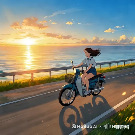 女还记着电女孩骑着电动车在公路上飞快的疾驰着，头发衣服随风摆动，镜头一直跟随，患者要求四肯120征 by Hailuo AI Video Generator