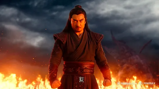 小哪吒双手握拳，眼神坚毅，周围环绕着火焰，背景是阴沉压抑的天际，配文 “我命由我不由天”，体现哪吒反抗命运的决心 by Hailuo AI Video Generator