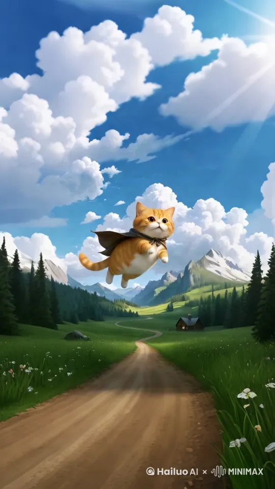 “一只超级可爱的披着帅气披风的大胖橘猫在天上一直往前飞，景色飞快往后退！橘猫的耳朵微微颤动，似乎在聆听着风的歌声。身上的橘色毛发在阳光的照耀下闪烁着金色的光芒，每一根毛都仿佛在诉说着它的快乐。它那圆溜溜的大眼睛好奇地张望着四周，底下是连绵起伏的青山绿水，头顶是湛蓝如宝石般的天空，洁白的云朵像是棉花糖一样飘浮着。它飞翔的姿态轻盈而优雅，在空中随风飘动”。风格写真！ by Hailuo AI Video Generator