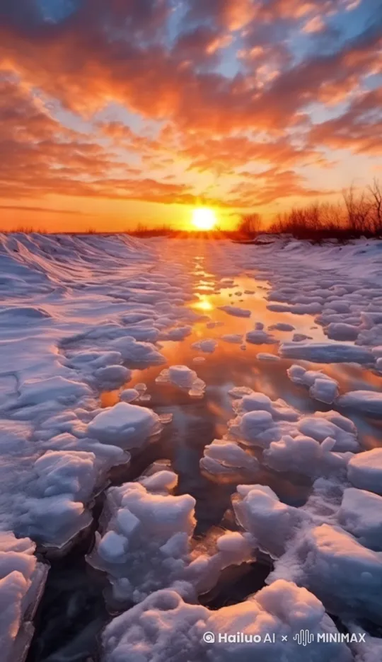 在寒冷冬日，广袤大地被皑皑白雪覆盖，洁白无瑕的雪面映射着如血般的残阳，色调交织出别样景致。抬眼望去，天空中云朵悠悠地飘动，似在悠然漫步。[下摇]近旁，干枯的树枝在微风中轻轻摇曳，发出细微声响。不远处，小河潺潺流淌，河面上漂浮着形态各异的冰块，它们顺着水流缓缓前行，仿佛在诉说着冬日的故事。[推进]镜头缓缓，聚焦在一块冰块上，能清晰看到，冰块边缘正悄然融化，化作晶莹的水滴，无声无息地融入水流之中[固定镜头]。这细微的变化，恰似春天的使者，正悄然而至，默默宣告着春天即将来临的消息 。 by Hailuo AI Video Generator