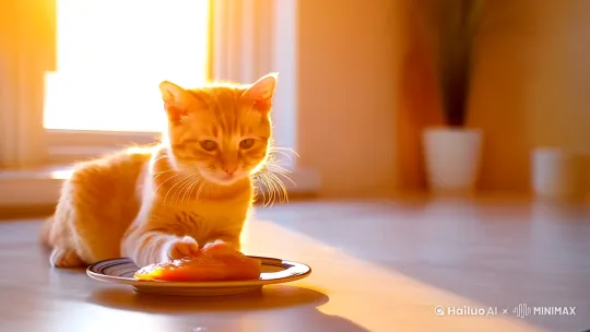 小橘猫在干净的室内美美的吃着小盘子里的鱼，阳光在窗外照射进来[左摇,推进] by Hailuo AI Video Generator